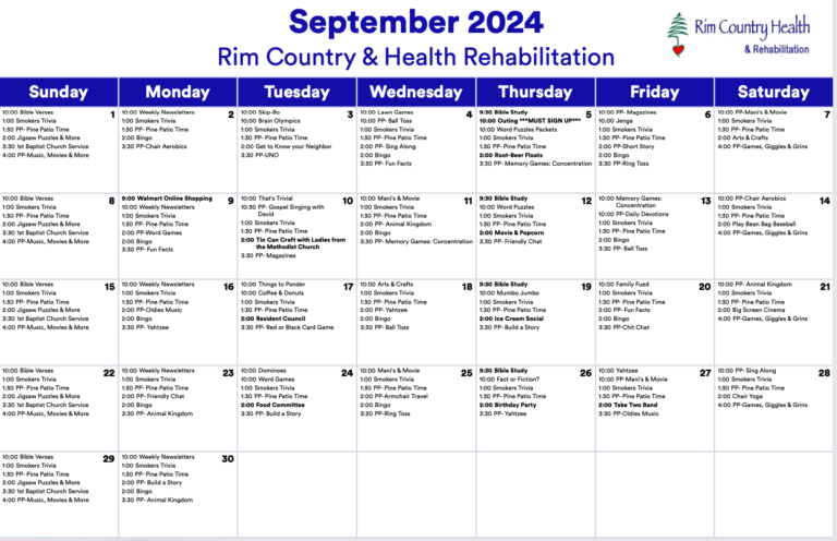 Calendar Rimm Activities Calendar | Rim Country Health and Rehabilitation